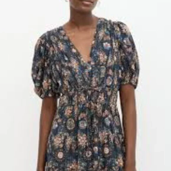 Ulla Johnson Navy Brown Floral Puff Sleeve Midi Dress - Picture 2 of 10